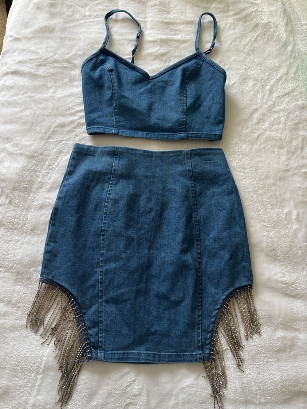 Fringed Denim Mini Skirt - Blue